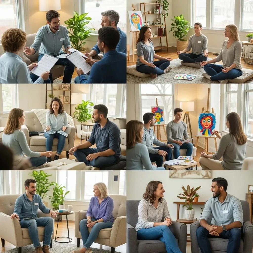 Individuals Participating In Different Therapy Modalities For Depression Treatment, Highlighting Collaboration And Support