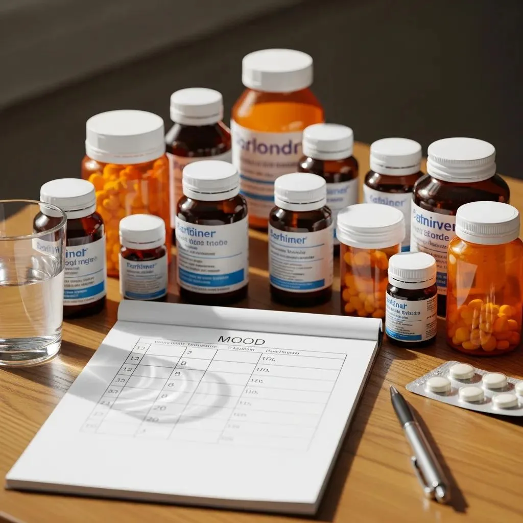 Medication Management Setup For Bipolar Disorder, Featuring Medication Bottles And A Mood Chart
