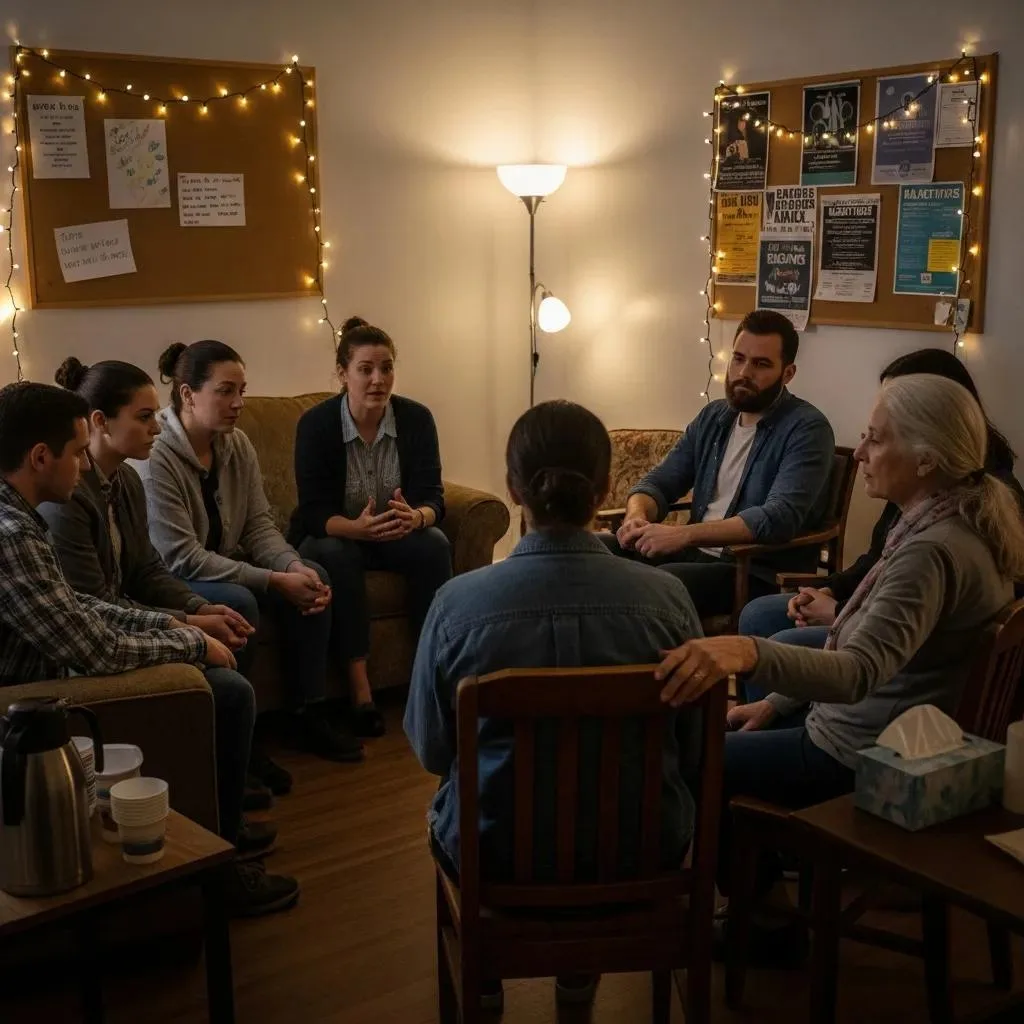 Participants In A 12-Step Recovery Meeting Sharing Experiences In A Supportive Environment