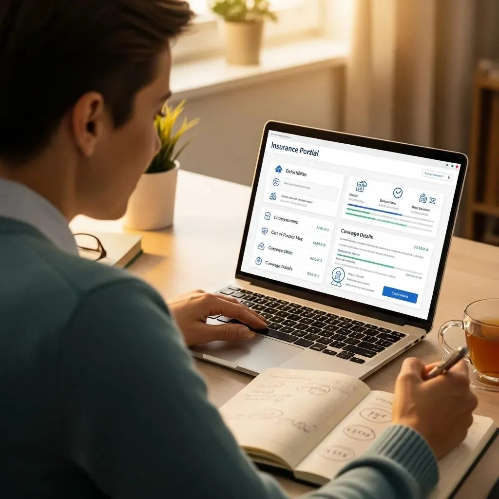 Free Insurance Verification: How It Works &Amp; Benefits Person reviewing insurance benefits on a laptop in a home office, with visible insurance portal interface displaying coverage details, deductibles, and out-of-pocket maximums, illustrating the insurance verification process for patients.