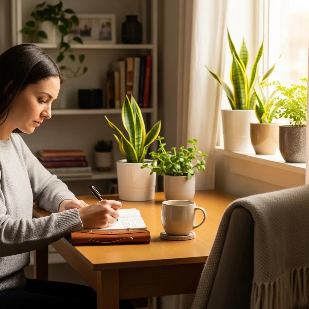 Person journaling in a calming environment, representing strategies for managing addiction triggers