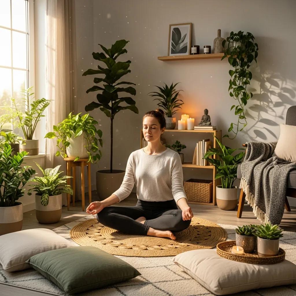 Person meditating in a serene environment, promoting self-care and mental well-being
