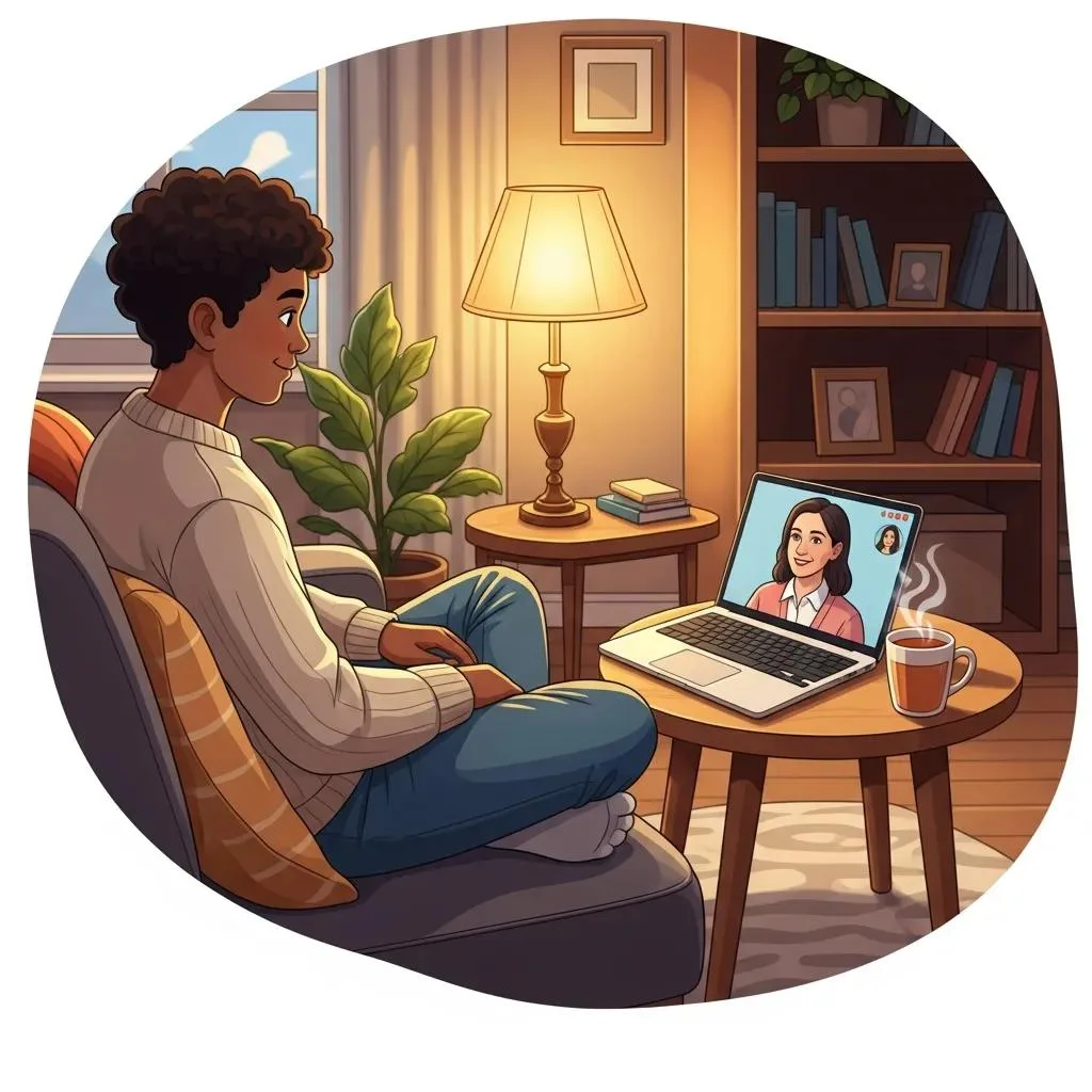 Person Participating In A Telehealth Addiction Treatment Session At Home, Emphasizing Accessibility And Comfort