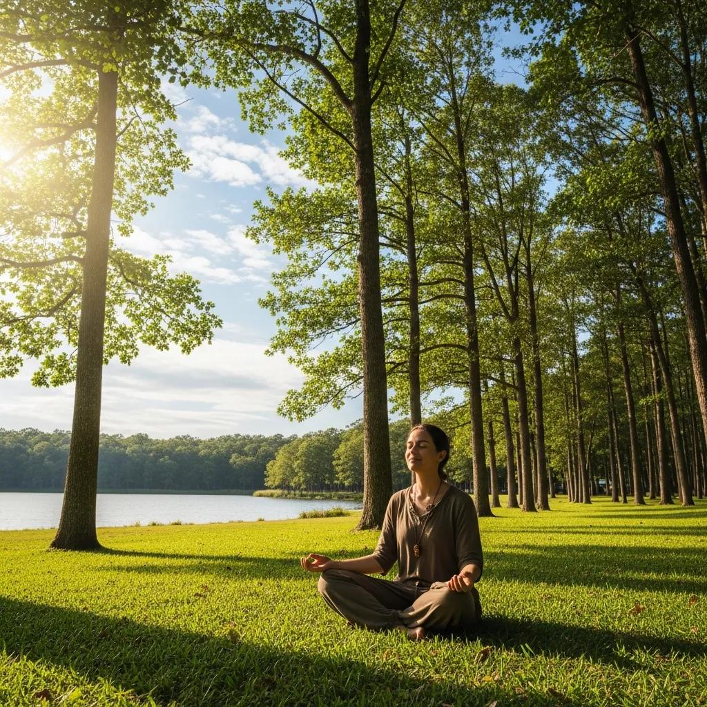Person practicing deep breathing exercises in a tranquil outdoor setting, promoting effective stress management