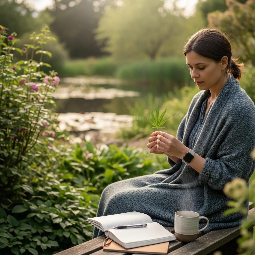 Person reflecting on cannabis use in a serene natural setting