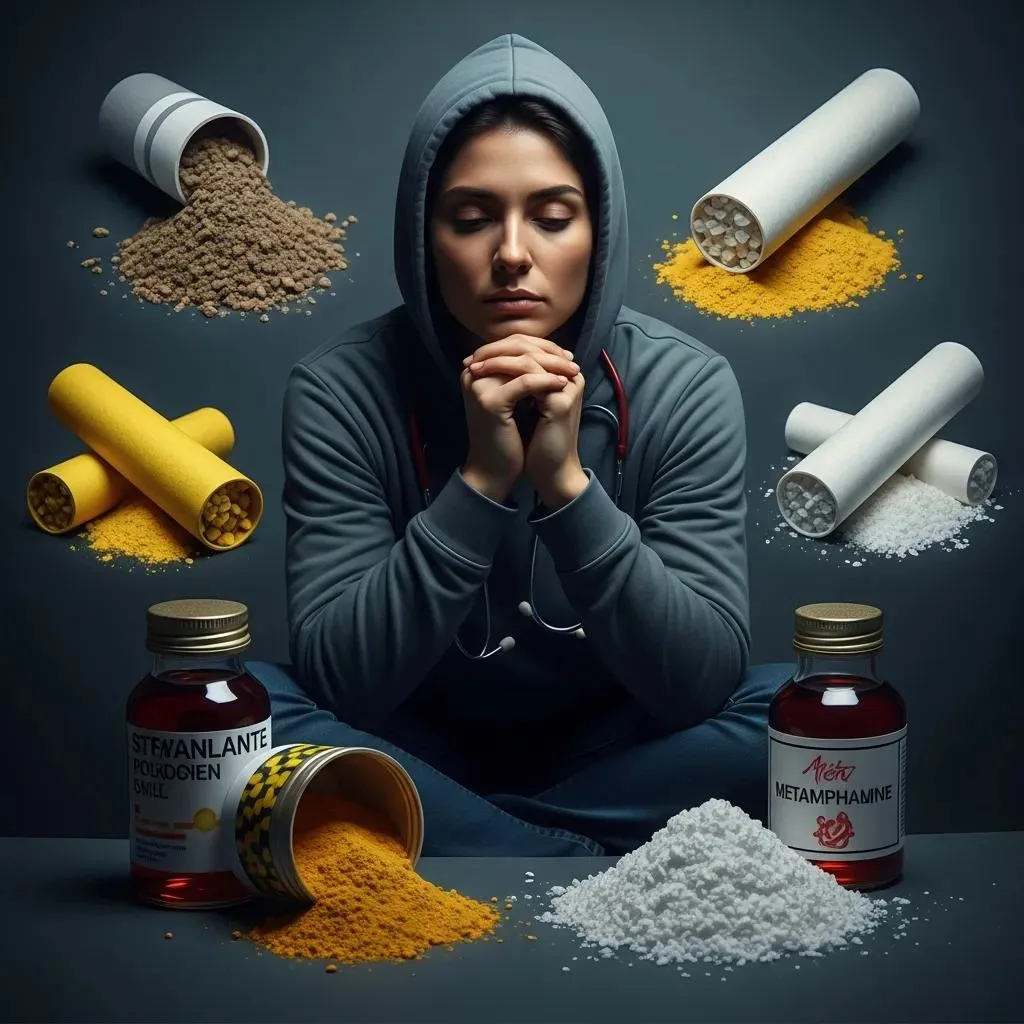 Person Reflecting On Stimulant Abuse, Surrounded By Cocaine And Methamphetamine Representations