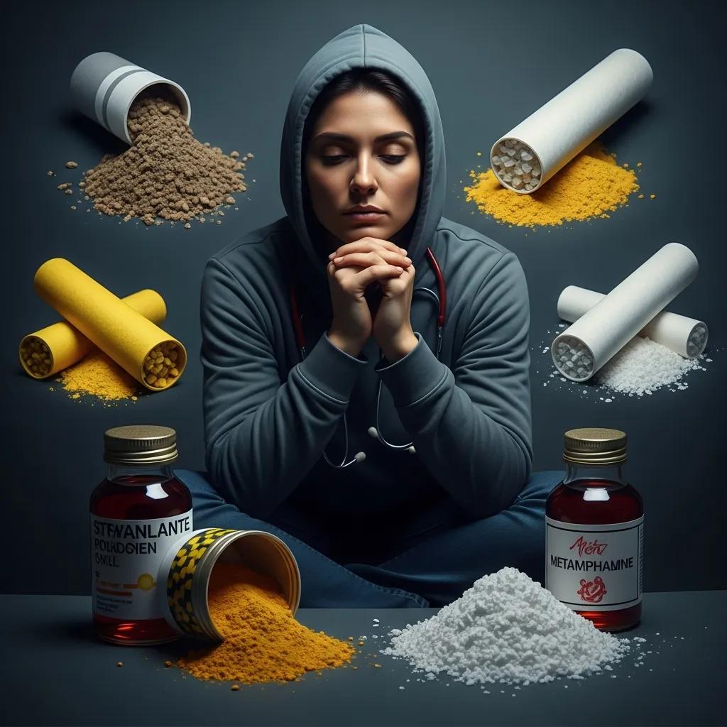 Person reflecting on stimulant abuse, surrounded by cocaine and methamphetamine representations
