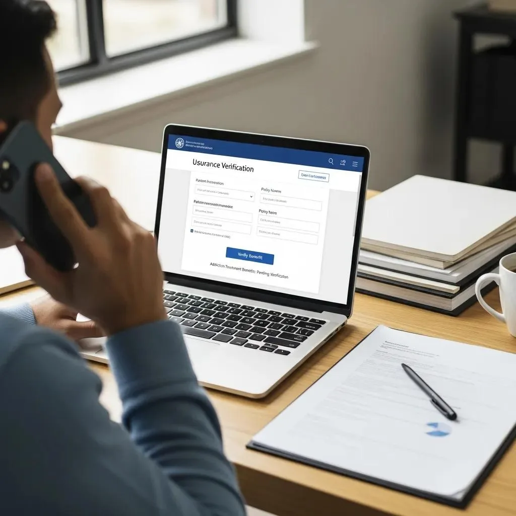 Person Verifying Insurance Benefits For Addiction Treatment On A Laptop In A Bright Workspace