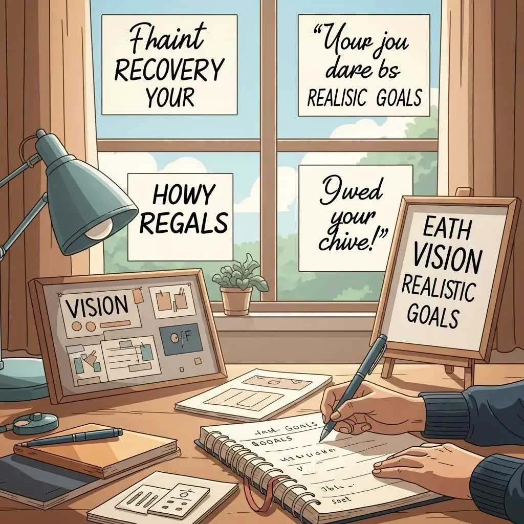 Person Writing In A Journal At A Desk, Surrounded By Motivational Quotes, Symbolizing Goal Setting In Recovery