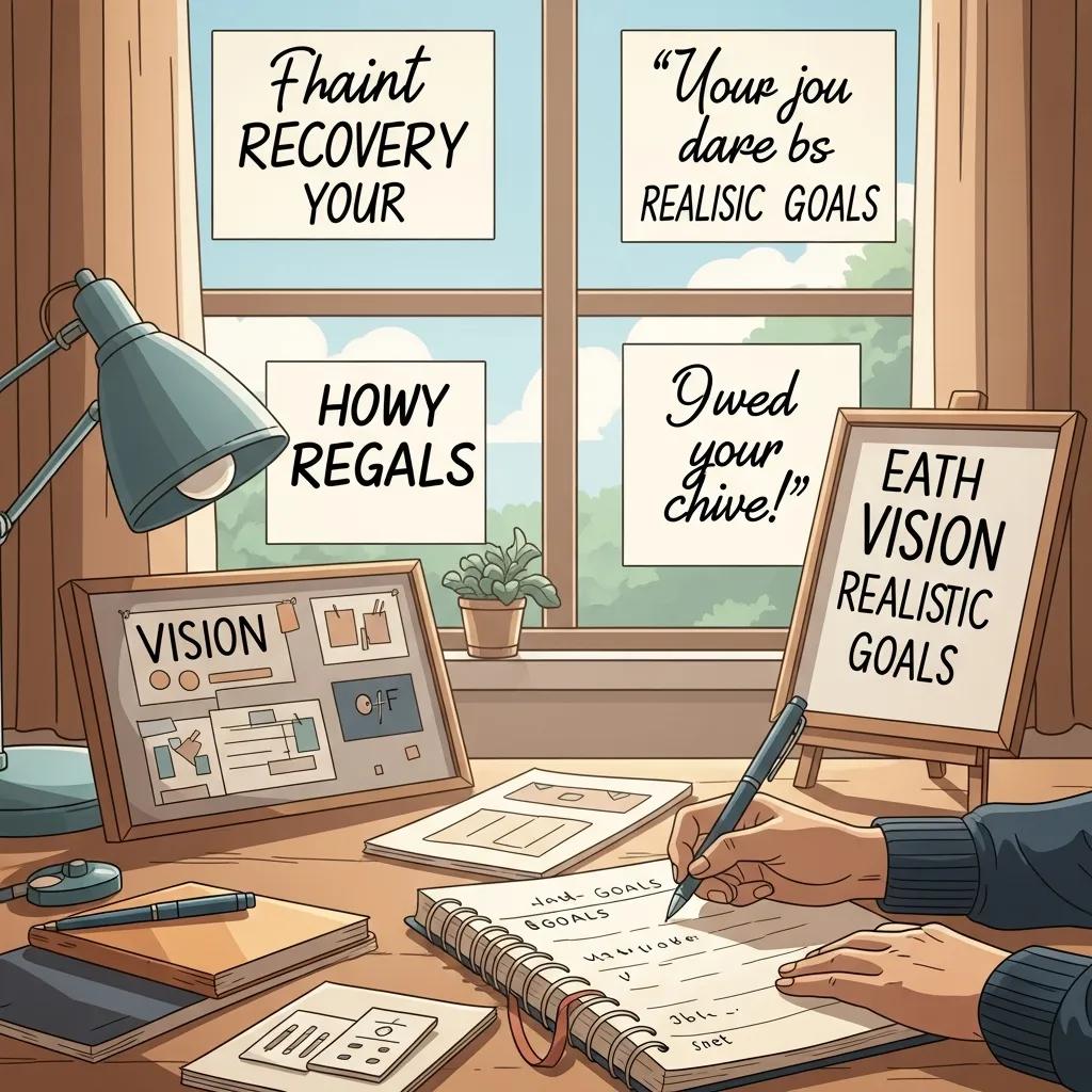 Person writing in a journal at a desk, surrounded by motivational quotes, symbolizing goal setting in recovery
