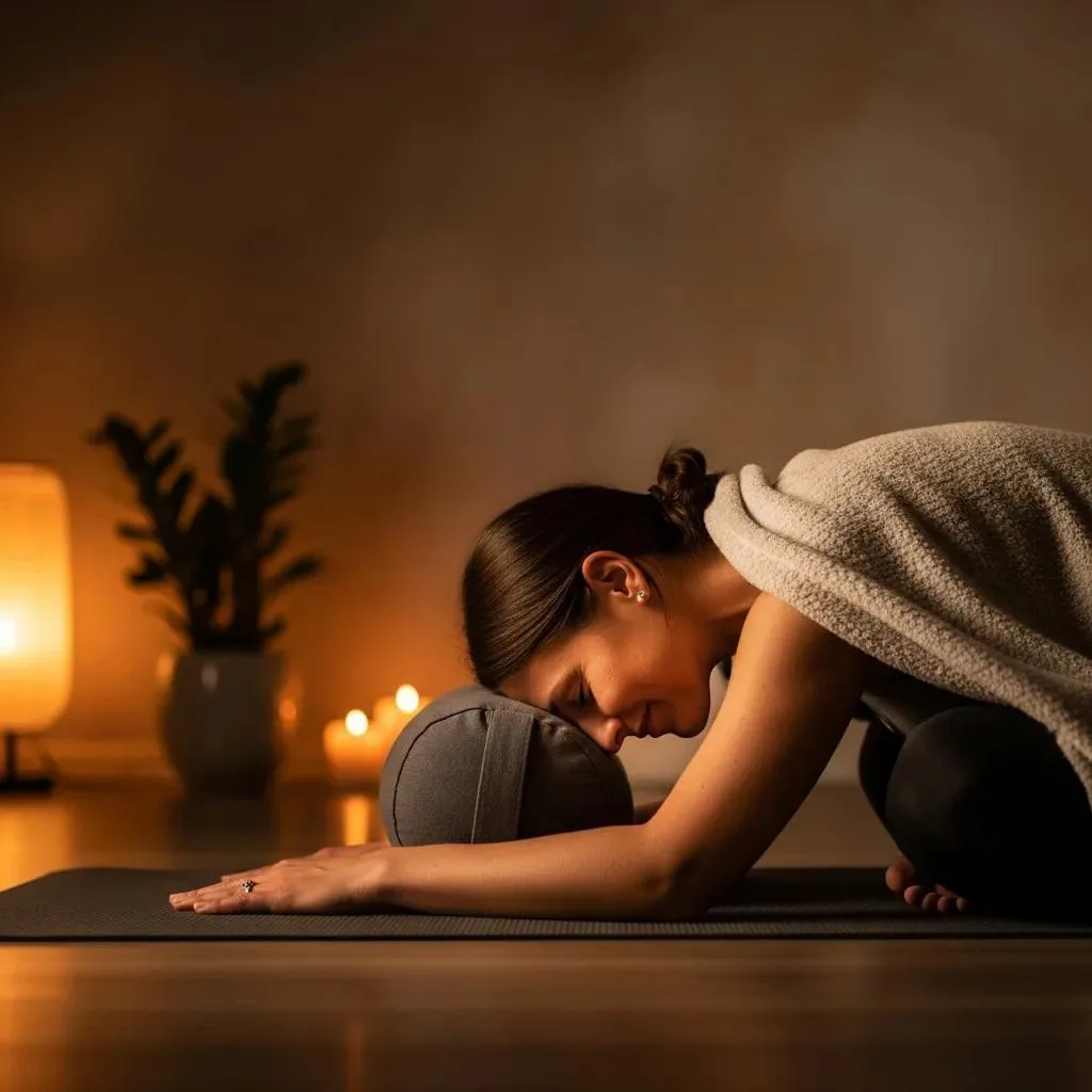 Practitioner In Child'S Pose Illustrating Anxiety Relief Through Yoga