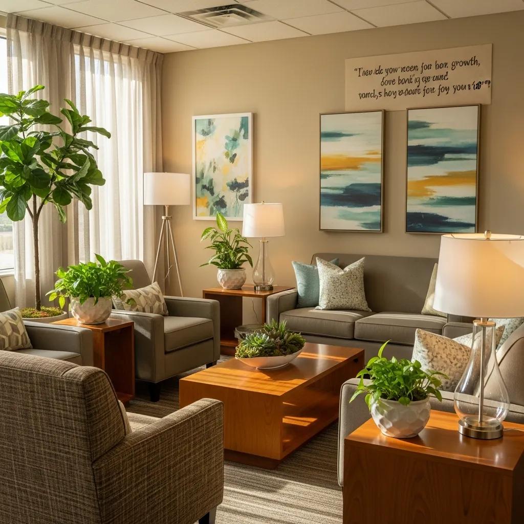 Serene rehabilitation center environment with cozy seating and calming decor
