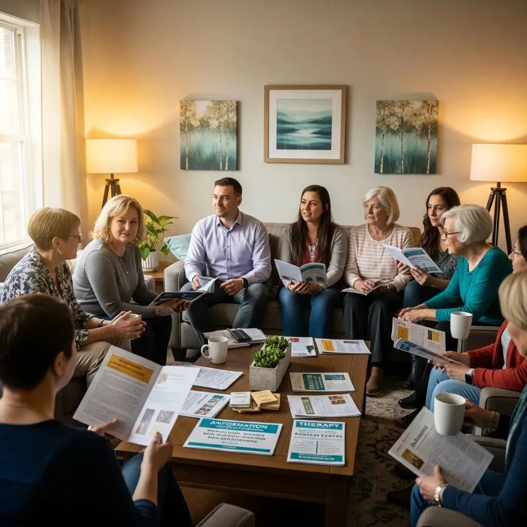 Supportive Group Discussing Addiction Treatment Options In A Warm Environment