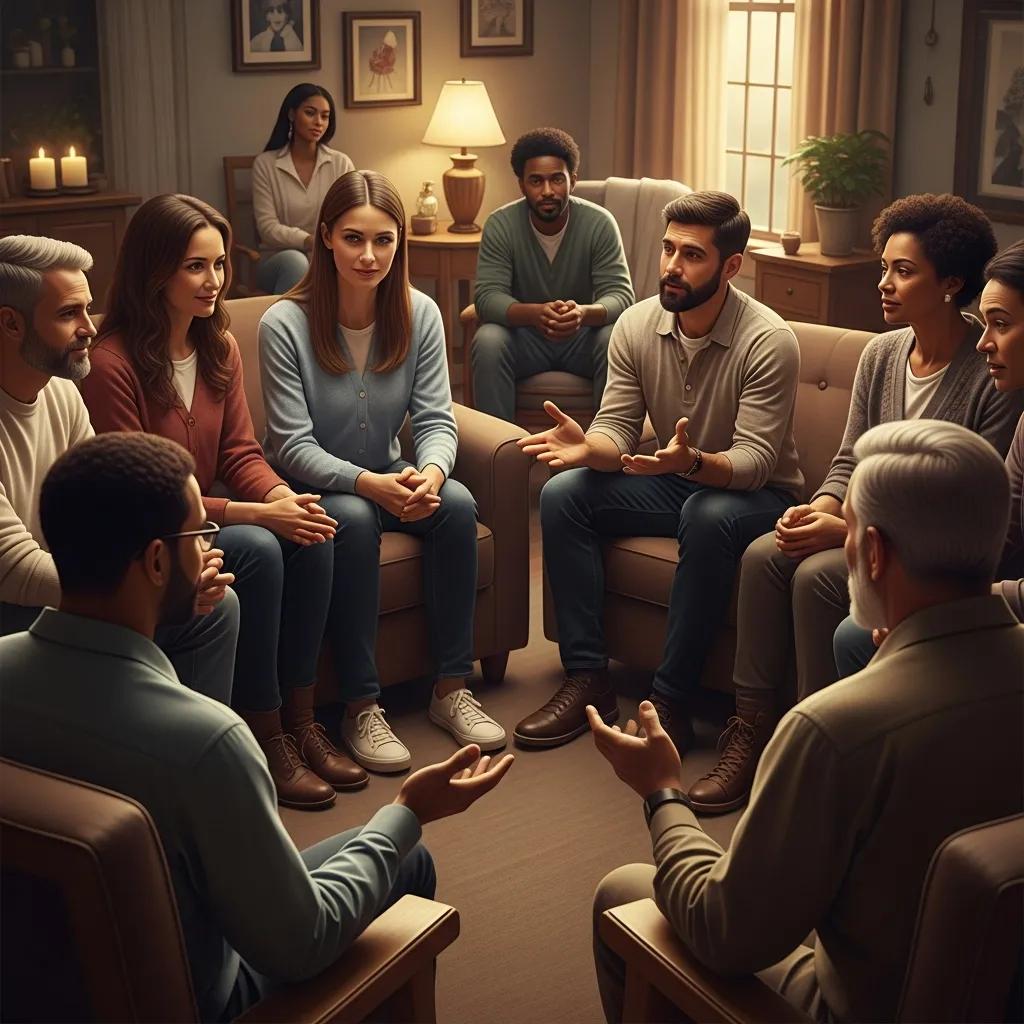 Supportive group discussion at an AA meeting in a community center, emphasizing connection and recovery