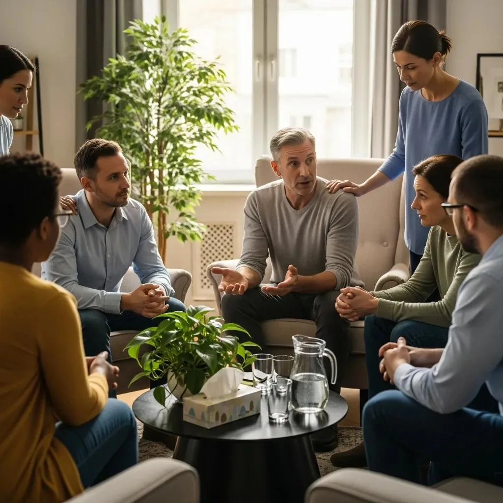 Supportive Group Therapy Session For Addiction Recovery Emphasizing Community And Hope