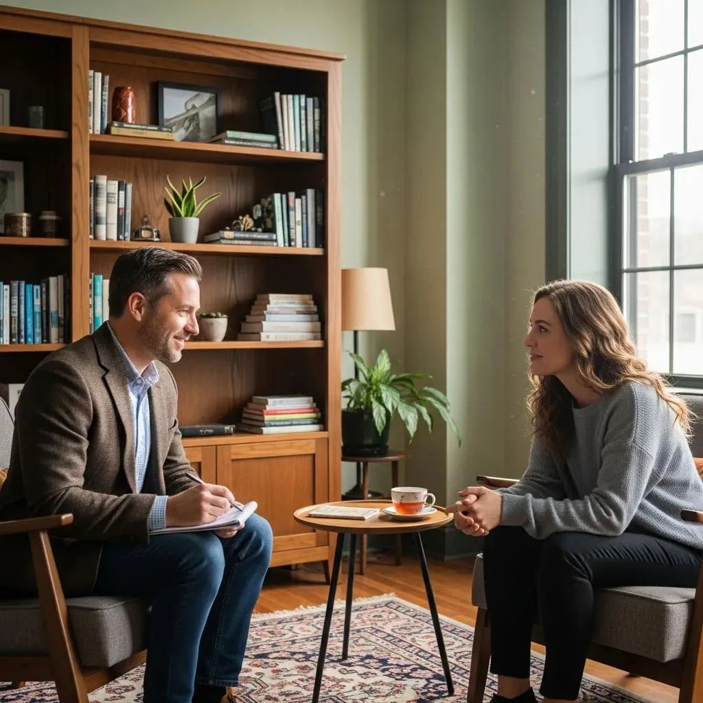 Therapist And Client Discussing Social Anxiety Treatment In A Cozy Office Setting