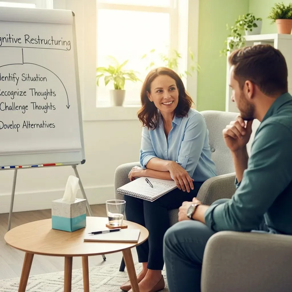 Therapy Types: Guide To Mental Health &Amp; Addiction Treatment Therapist and client engaged in cognitive behavioral therapy session discussing cognitive restructuring techniques, including identifying thoughts and developing alternatives, in a bright, comfortable setting.