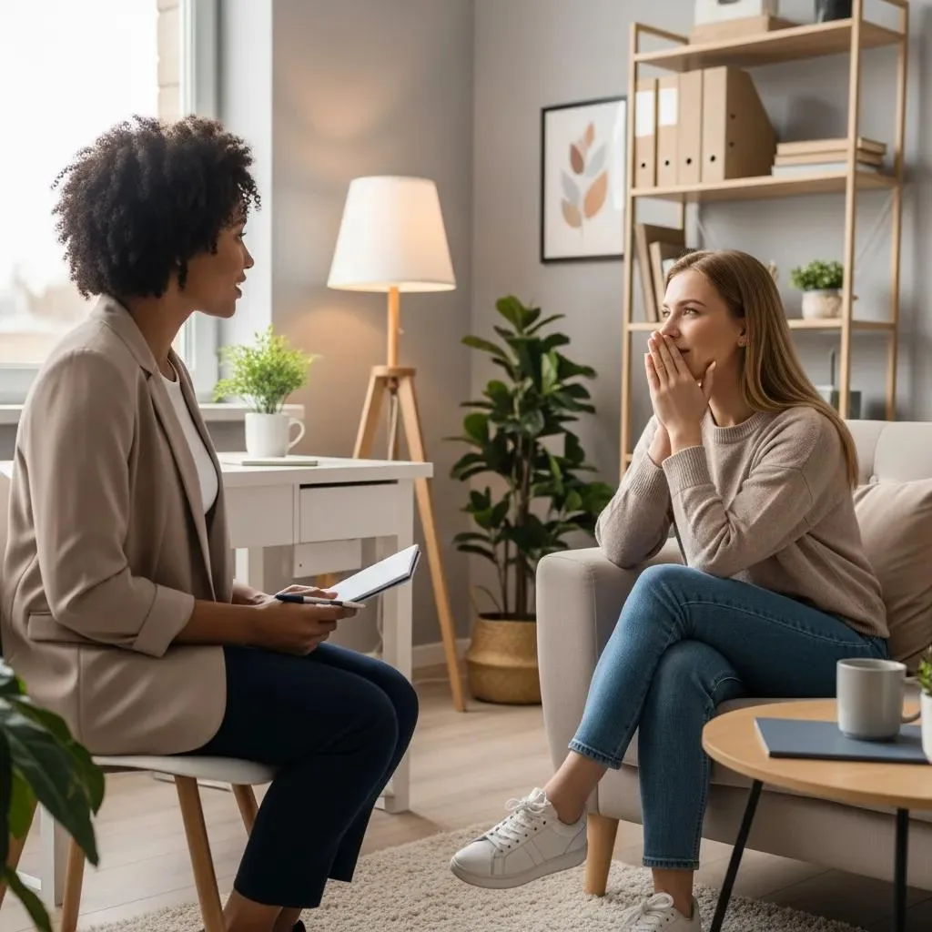 Generalized Anxiety Disorder: Symptoms &Amp; Coping Therapist And Client In A Cozy Office, Illustrating Collaborative Treatment For Anxiety
