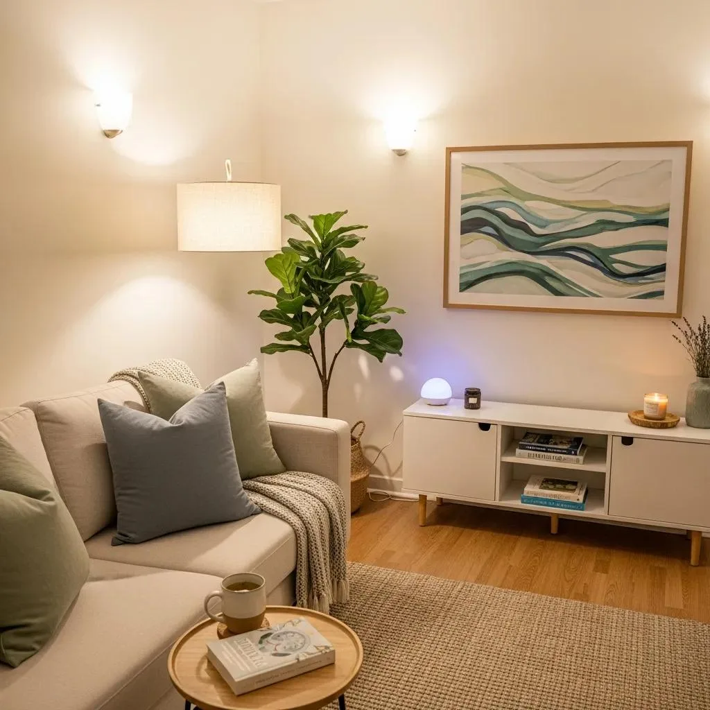 Therapy Room Designed For Anxiety Treatment, Featuring Comfortable Seating And Calming Decor