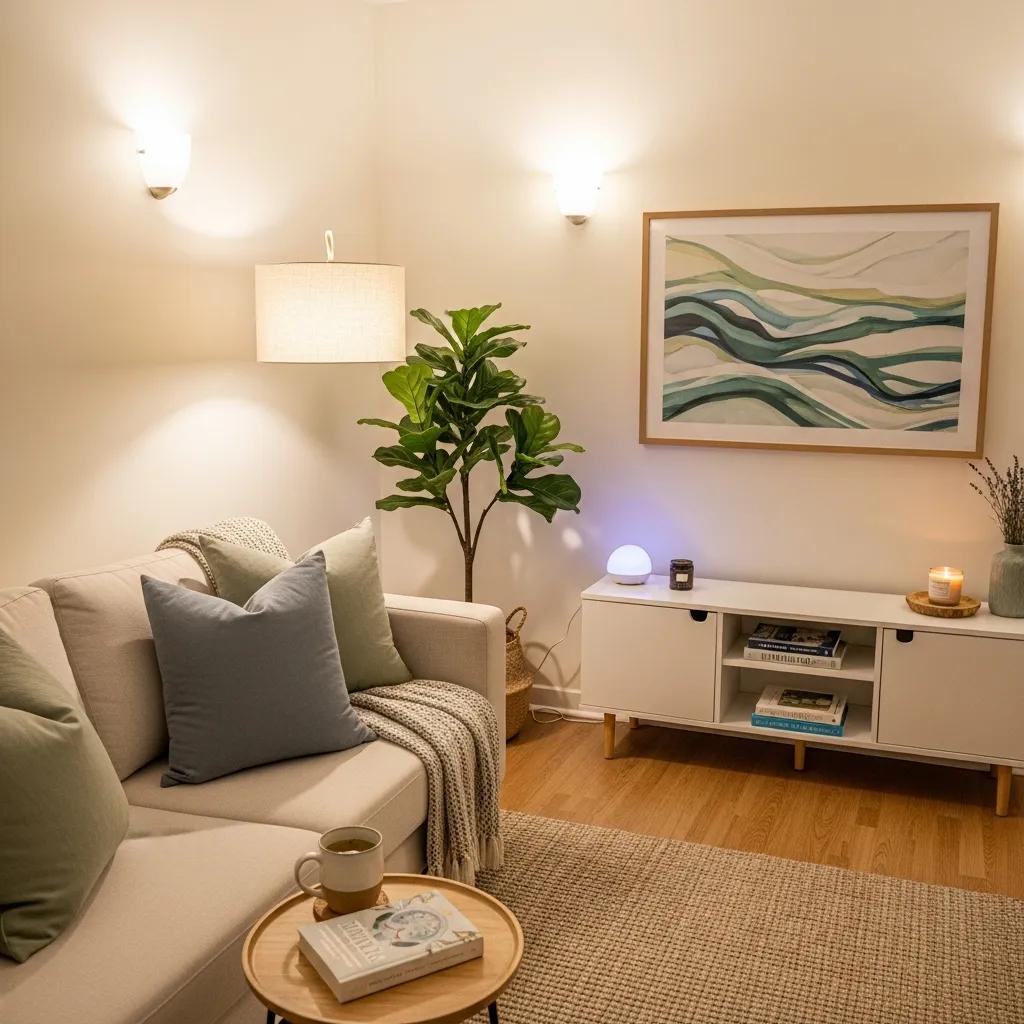 Therapy room designed for anxiety treatment, featuring comfortable seating and calming decor