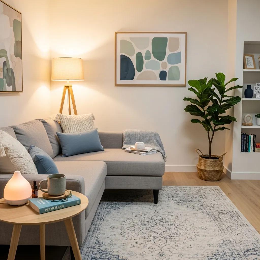 Therapy room designed for anxiety treatment with comfortable seating and calming decor