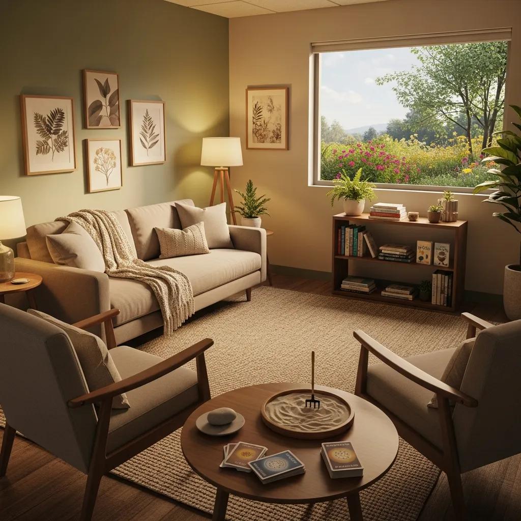 Therapy room designed for Dialectical Behavior Therapy, featuring calming decor and inviting atmosphere