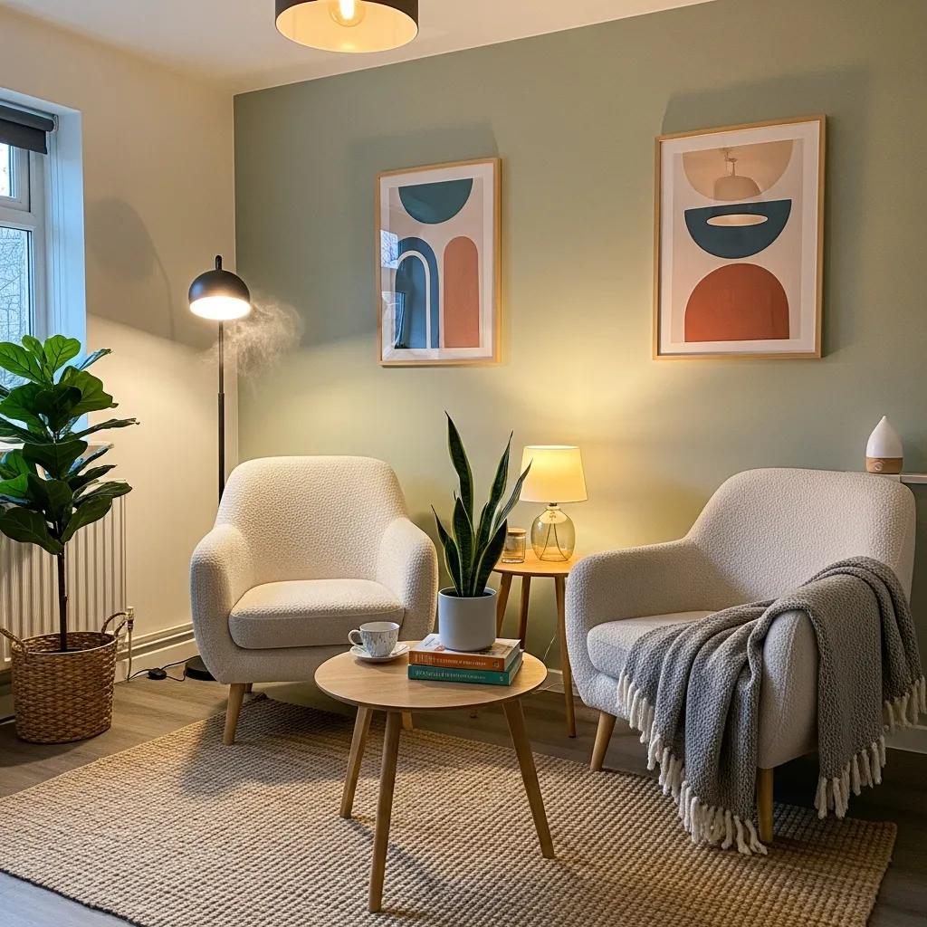 Therapy room designed for mental health treatment, featuring comfortable seating and calming decor
