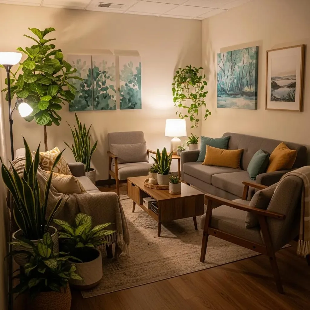 Therapy Room Designed For Outpatient Treatment, Featuring Comfortable Seating And Calming Decor