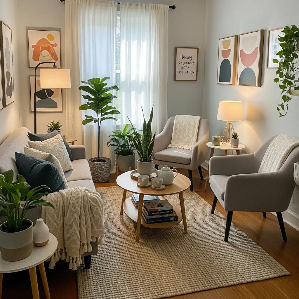 Therapy room with calming decor and inviting atmosphere for mental health and addiction treatment