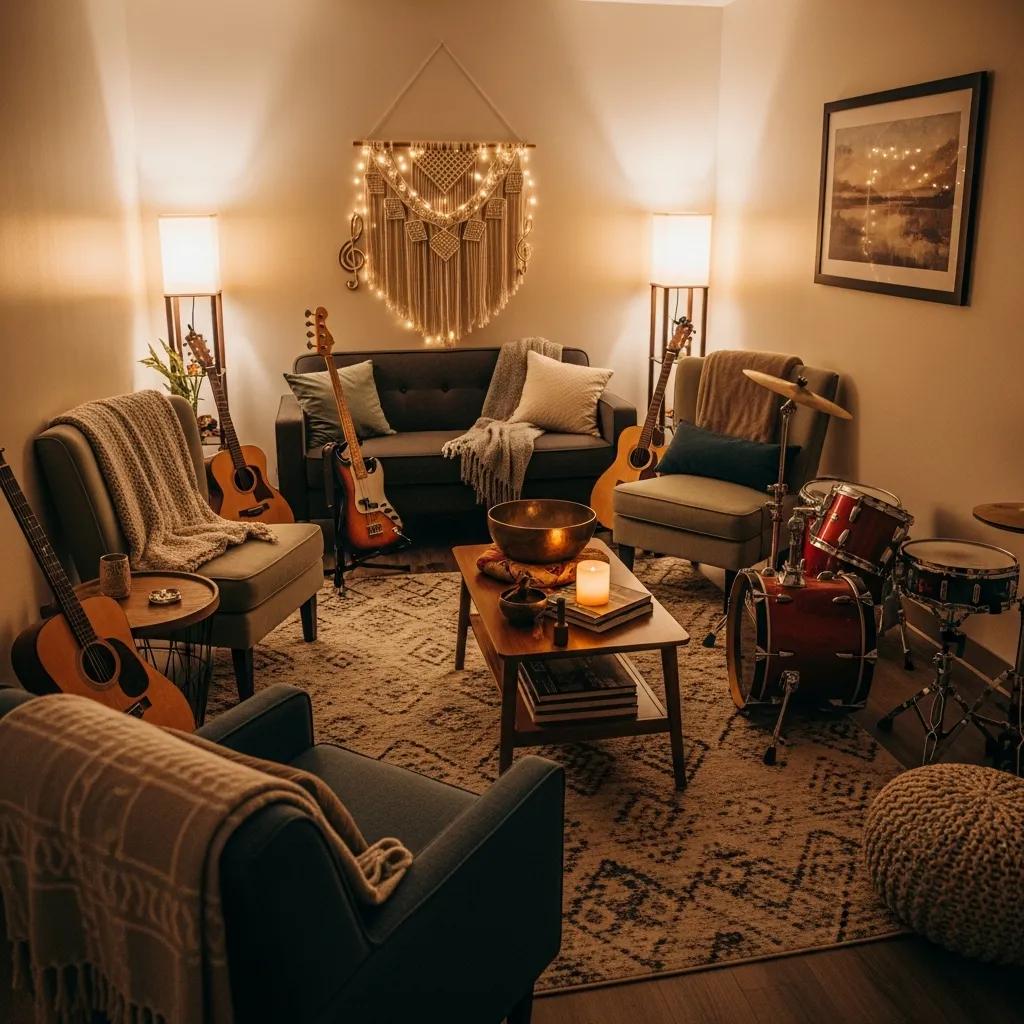 Therapy room with musical instruments symbolizing music therapy for addiction recovery