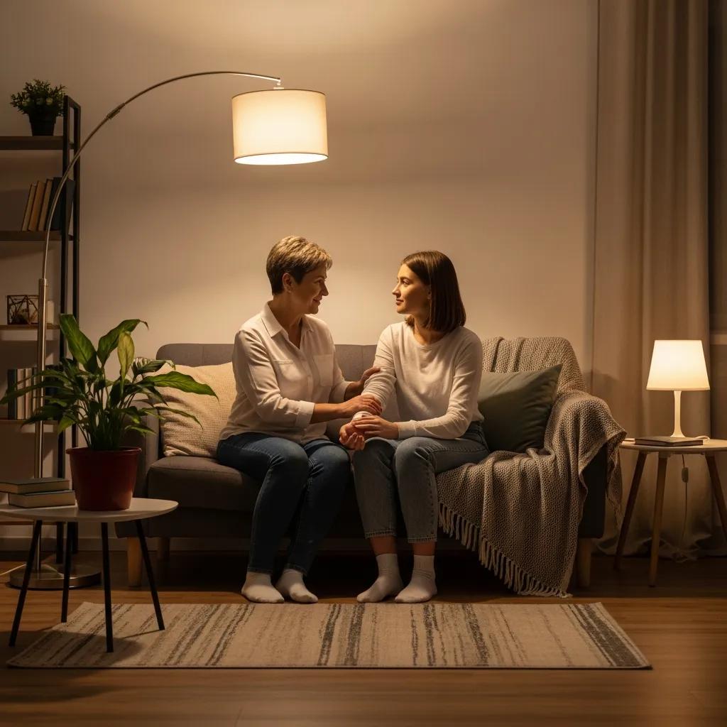 Two people in a cozy living room engaged in a supportive conversation, symbolizing healthy relationships and mutual respect