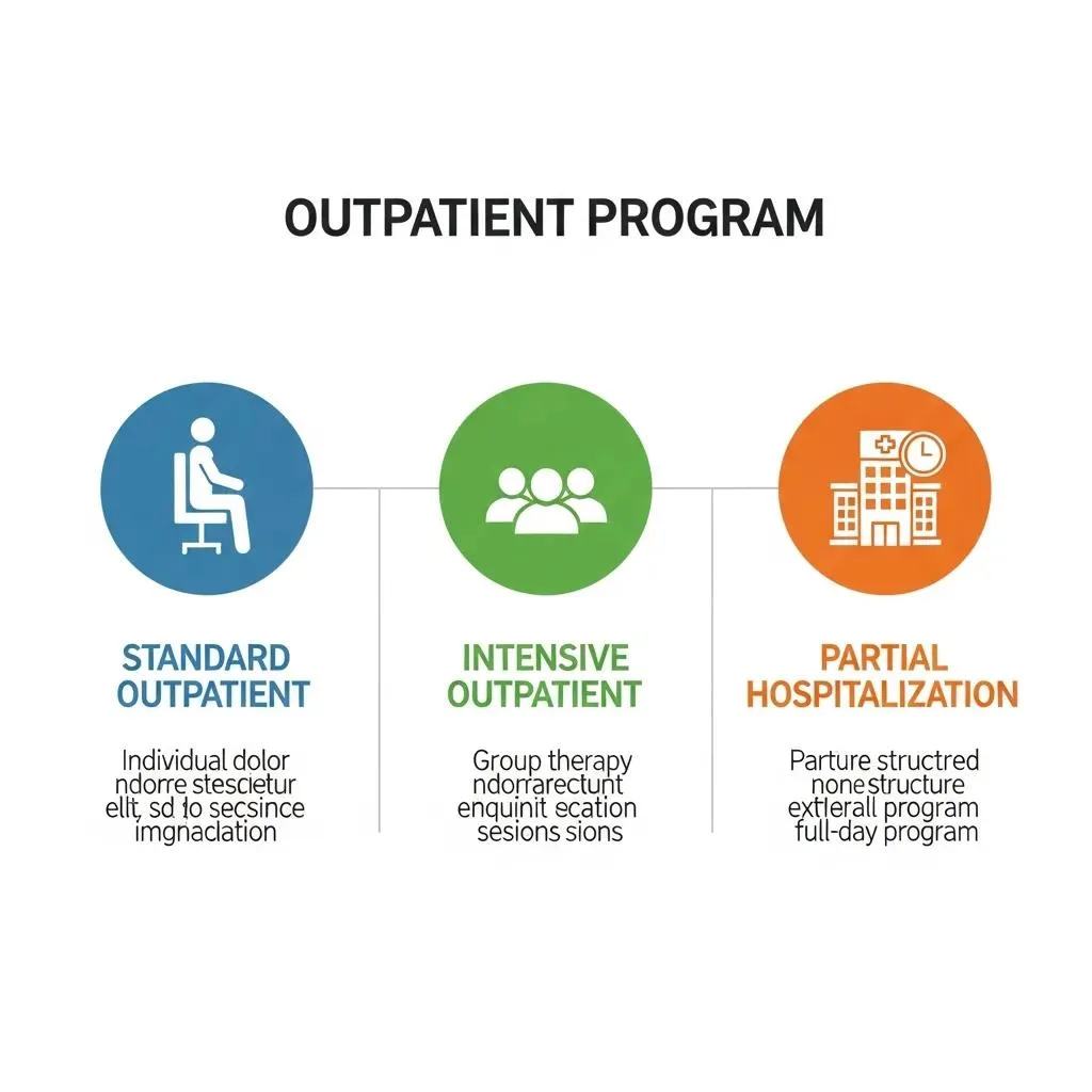 Outpatient Treatment Faq: Your Questions Answered Visual Representation Of Outpatient Program Types: Standard Outpatient, Intensive Outpatient, And Partial Hospitalization