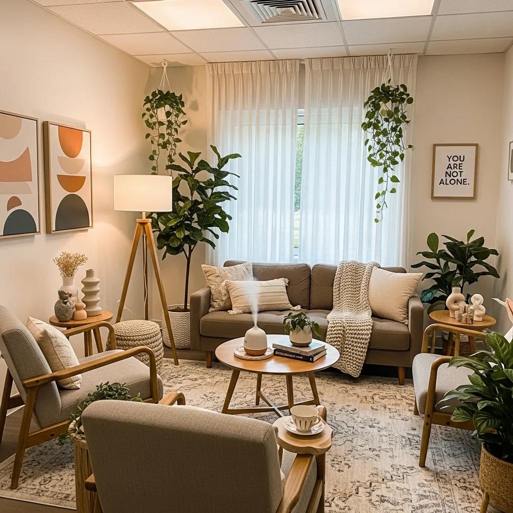 Warm therapy room designed for mental wellness and depression treatment