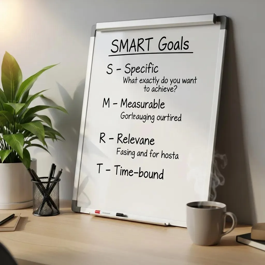 Whiteboard Displaying The Smart Goal Framework In A Cozy Workspace, Emphasizing Structured Goal Setting